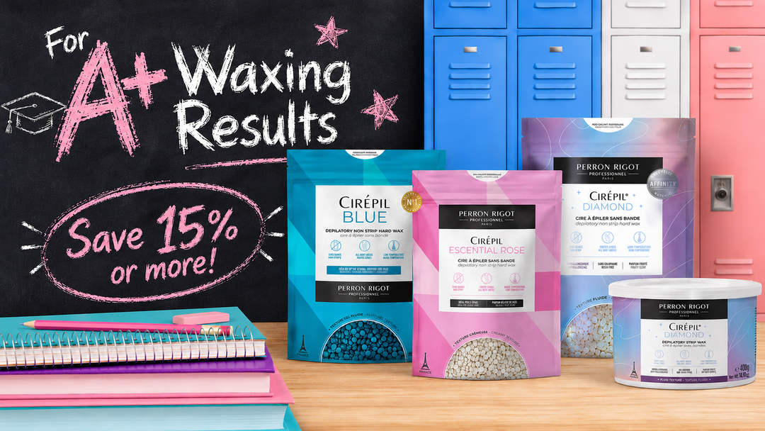 A group Cirepil waxing products arranged on a wooden table in front of colorful school lockers, with a chalkboard in the background reading 'For A+ Waxing Results' and 'Save 15% or more!'. Visible products include blue, pink, and purple packages of Cirepil wax beads.