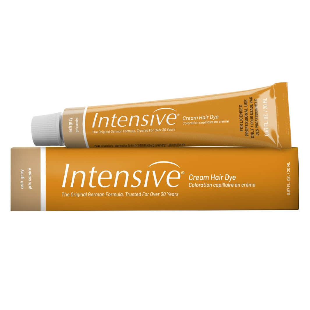 Intensive Ash Grey eyebrow tint tube and original German formula gold box packaging.