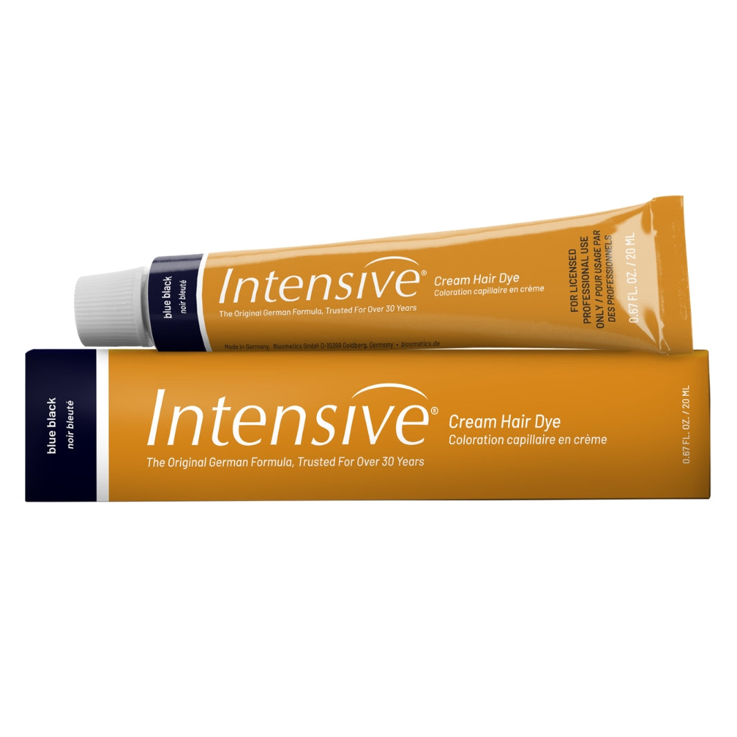 Intensive Blue Black lash tint tube and original German formula gold box packaging.