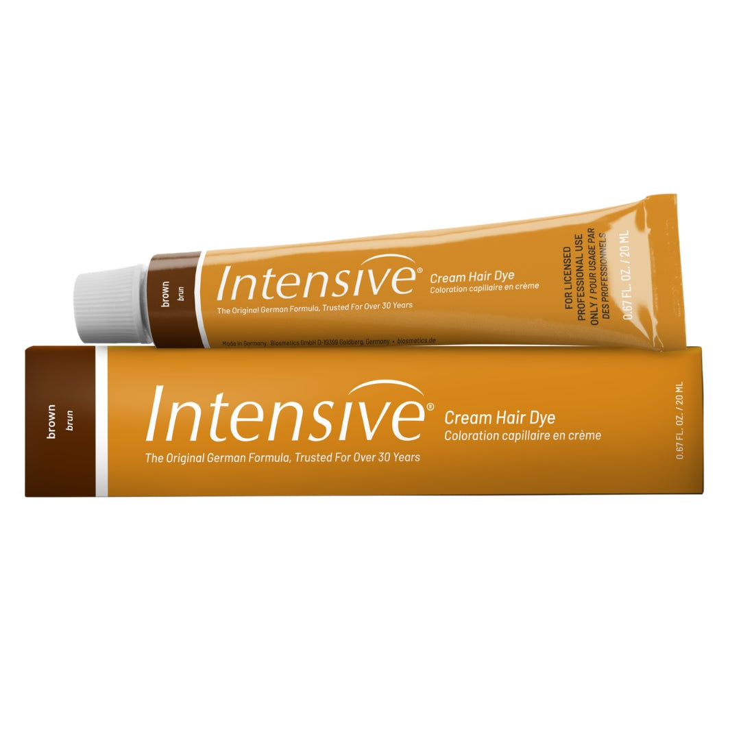 Intensive Brown eyebrow tint tube and original German formula gold box packaging.