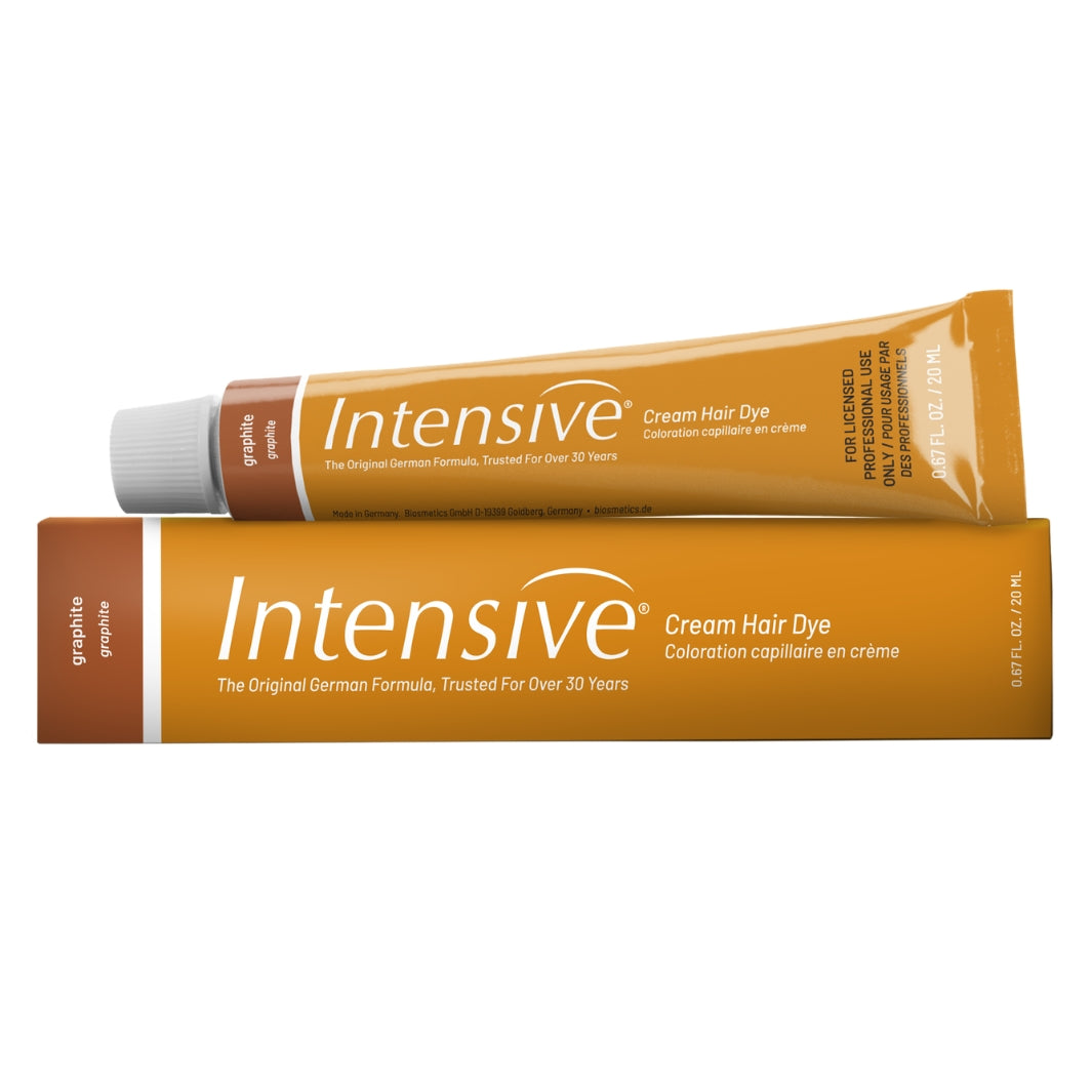 Intensive Graphite eyebrow tint tube and original German formula gold box packaging.