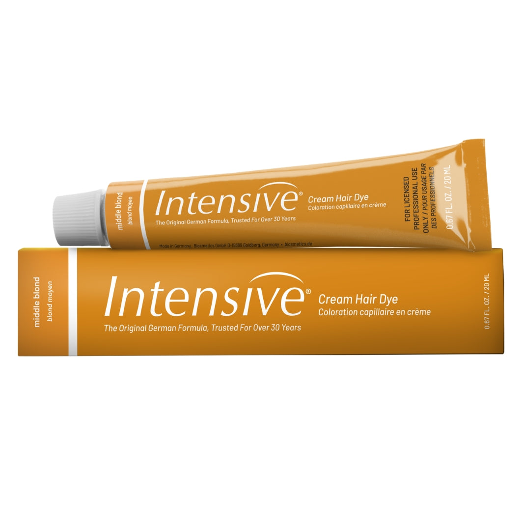 Intensive Middle Blonde eyebrow tint tube and original German formula gold box packaging.