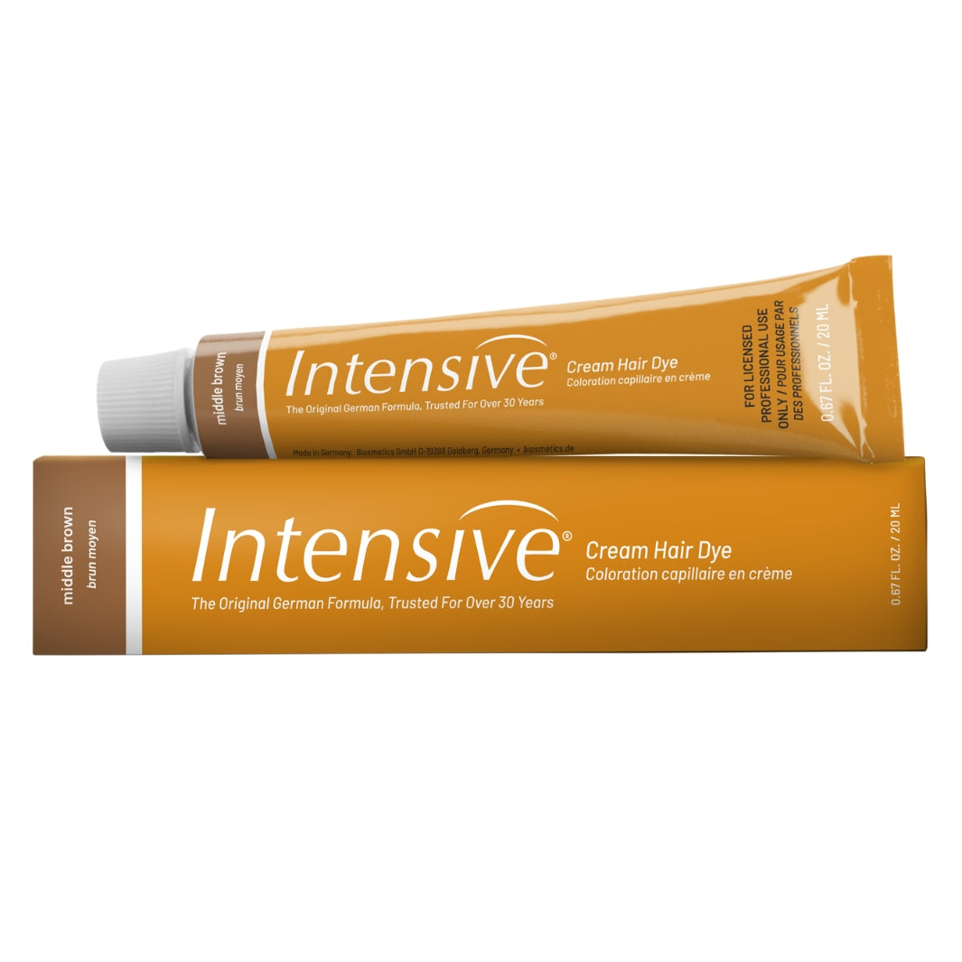 Intensive Middle Brown eyebrow tint tube and original German formula gold box packaging.
