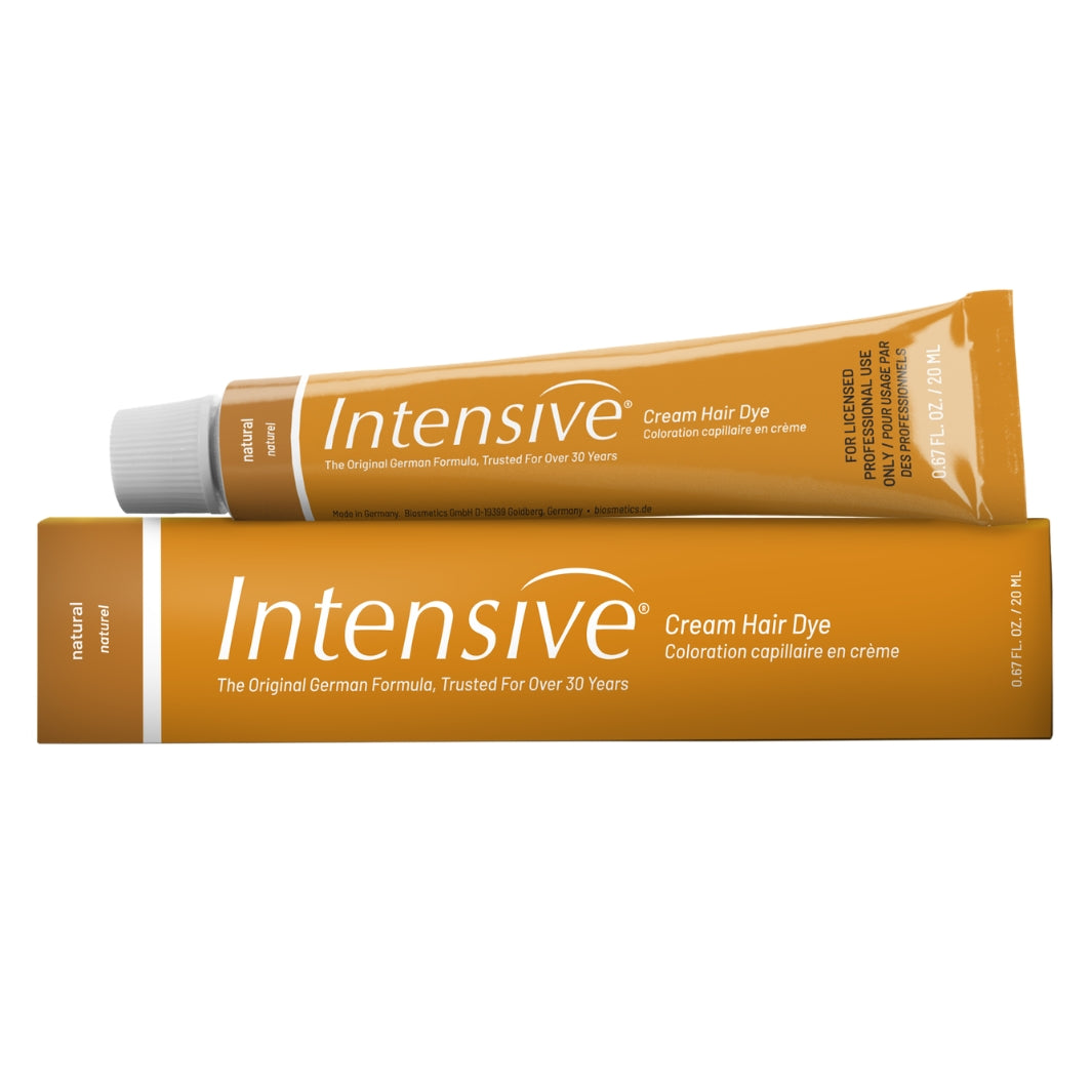 Intensive Natural eyebrow tint tube and original German formula gold box packaging.