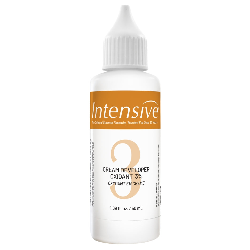 Intensive Tint Cream Developer 3% 50 ml bottle and German formula with gold label.