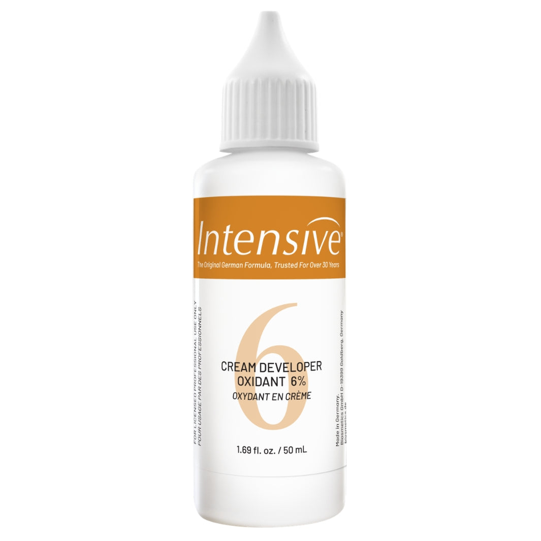 Intensive Tint Cream Developer 6% 50 ml bottle and German formula with gold label.