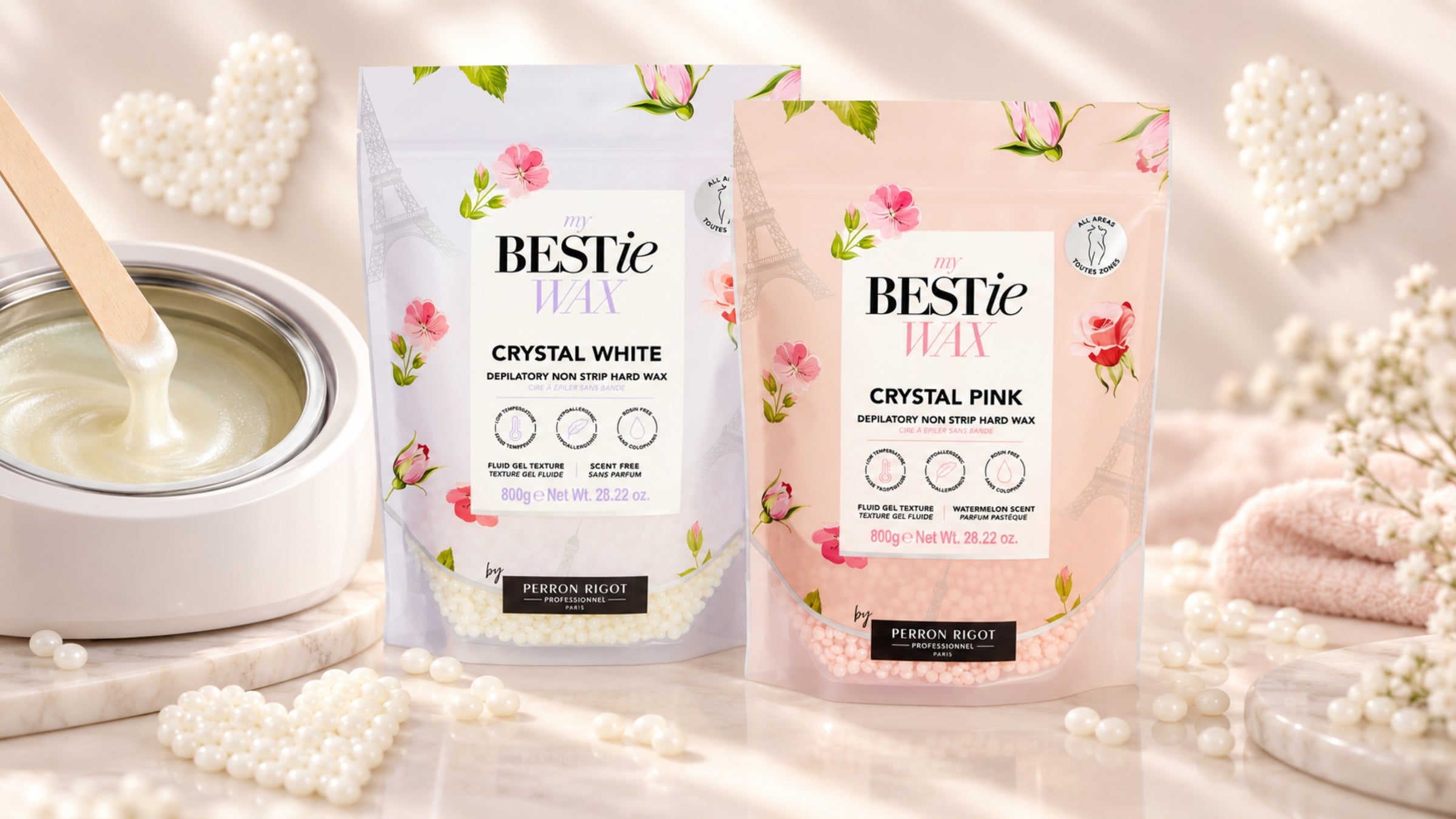 New My Bestie Crystal White and Crystal Pink hard waxes by Perron Rigot